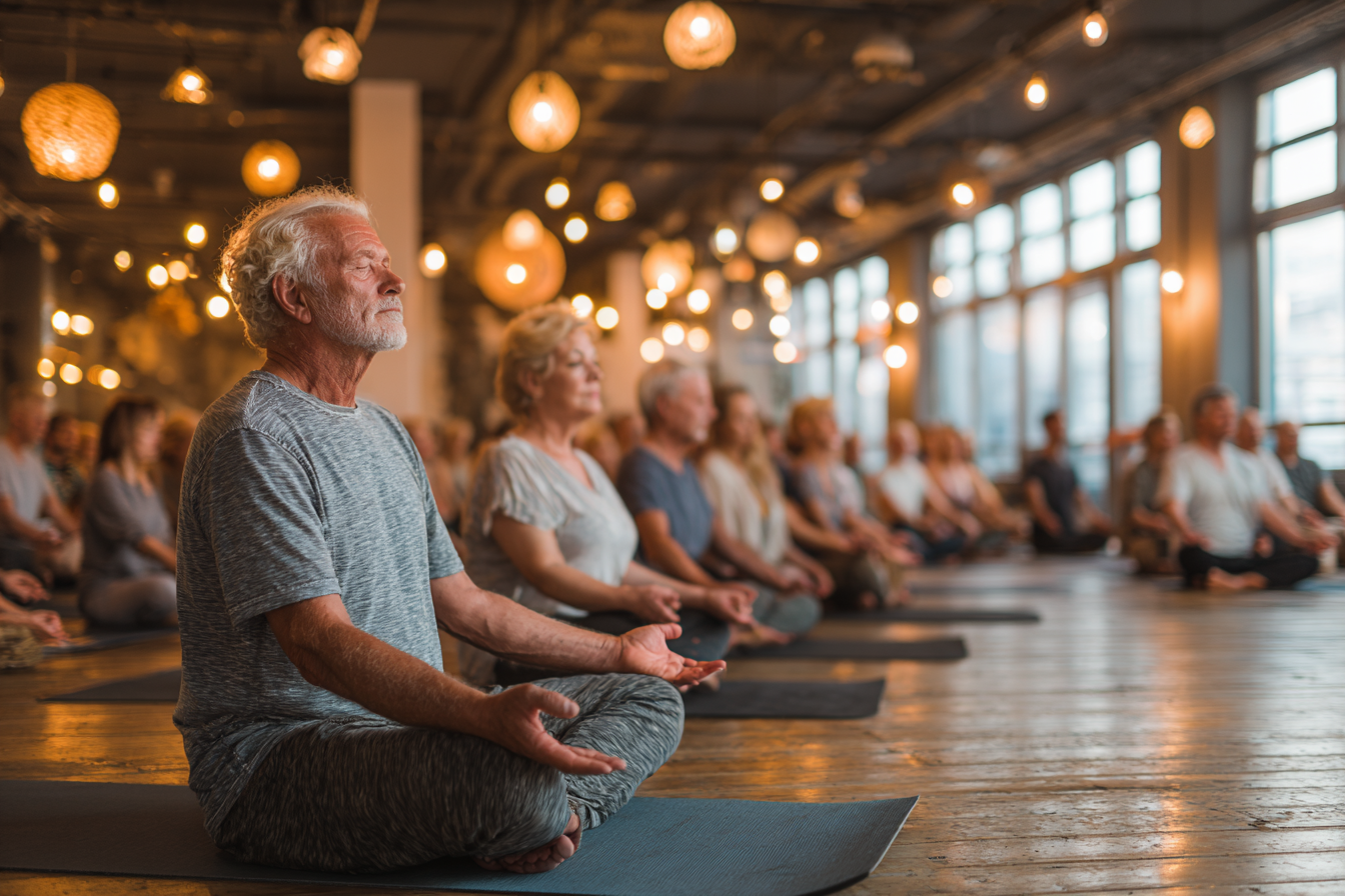 Група людей старшого віку займається йогою в затишній студії