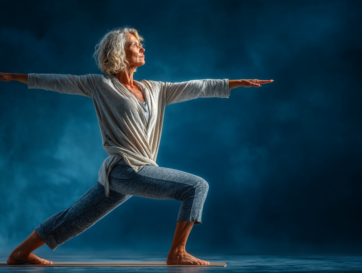 Інструктор йоги проводить заняття для групи старших людей у світлій студії